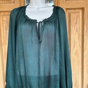 💚3/$25 Cato Dark Green Sheer Blouse with Ruffle Neckline 18/20